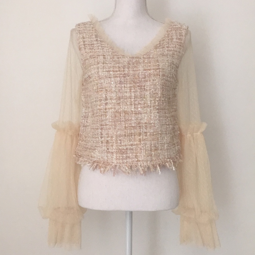 Pink, peach, cream tweed lace sleeve top - Picture 1 of 6